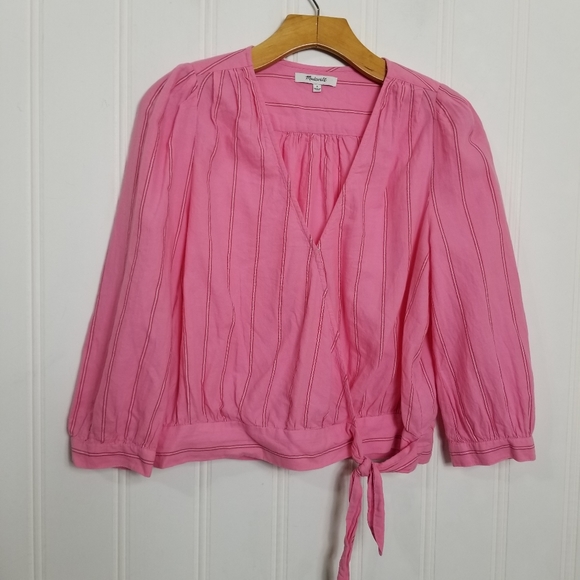 Madewell Cecilia Wrap Top Pink Stripe Tie Waist 3/4 Sleeve Blouse Women's Size S - Picture 2 of 10
